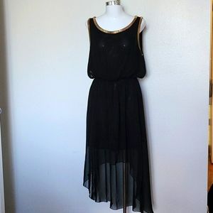 High low dress with gold detail on neck and arms